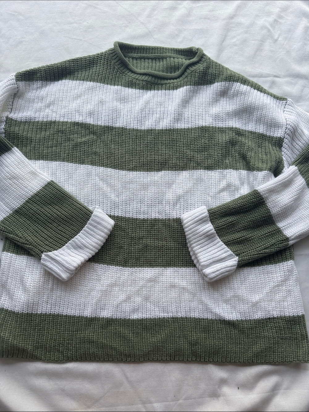 Amazon Olive Green & White Striped Crewneck Sweater